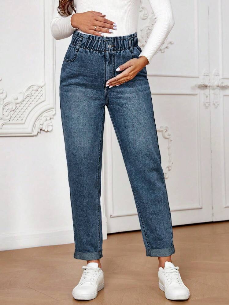 SHEIN Maternity Front Button Pocket Casual Straight-Leg Denim Pants, Jeans - Dark Wash - View 1
