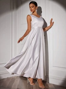 SHEIN Belle 女士纯色简约日常无袖婚纱，白色优雅新娘礼服 - 白色 - 查看 4