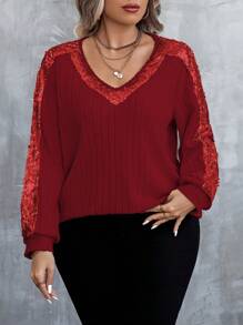 EMERY ROSE Camiseta casual de manga larga con cuello en V, efecto brillo y parches para mujer talla grande. Ideal para usar en la primavera, otoño y como atuendo para el Año Nuevo.