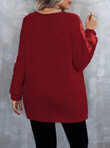 EMERY ROSE Camiseta casual de manga larga con cuello en V, efecto brillo y parches para mujer talla grande. Ideal para usar en la primavera, otoño y como atuendo para el Año Nuevo.