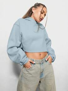 SUMWON WOMEN 短款抽绳连帽衫休闲运动健身休闲套头衫训练必备街头服饰秋冬运动基本款运动 - 淺藍色 - 查看 2