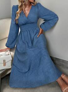 SHEIN Clasi 优雅、精致、时尚纯蓝色 V 领环绕灯笼袖收腰 A 字裙，女士，秋冬 - 藍色 - 查看 6