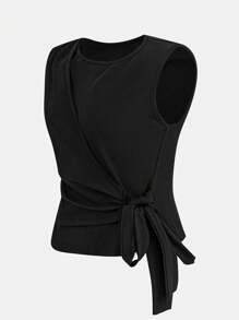 SHEIN PETITE 2 件套女士休闲纯色系腰无袖上衣和阔腿裤套装 - 黑色 - 查看 5