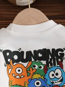 男婴卡通怪物与字母印花针织柔软休闲仿多层长袖圆领毛衣上衣