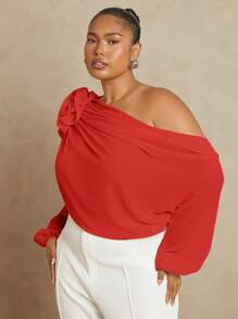 Hauture Plus Asymmetric Off Shoulder Shirt With 3D Flower - Red - View 1