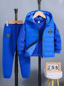 SHEIN 3pcs/Set Young Boy  Vest + Fleece Hoodie Outfit - Royal Blue - View 5