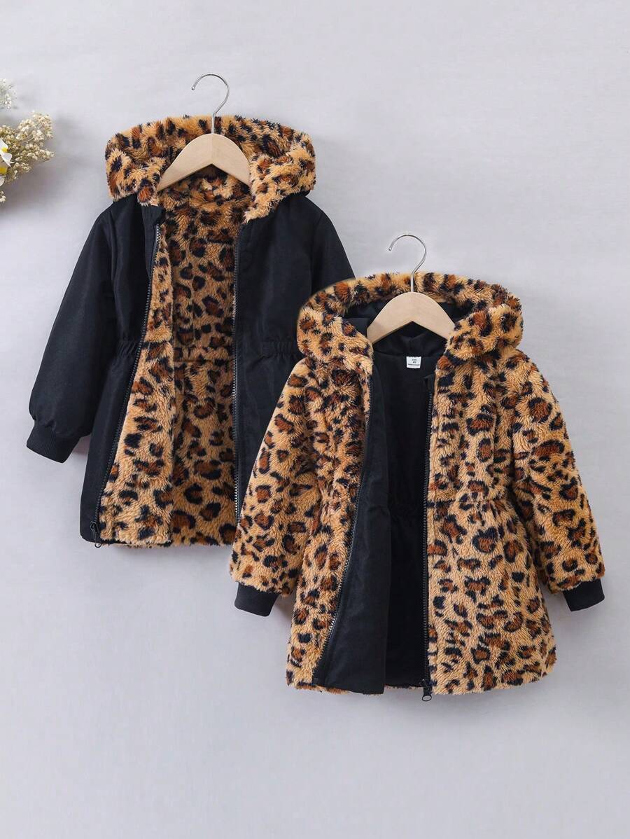 SHEIN Kleine Mädchen Lange Kapuzenjacke mit umkehrbarem Leopardenmuster, geeignet für den täglichen Gebrauch im Herbst und Winter, warm und modisch, vielseitig, passt gut zu verschiedenen 2 Stücke Sets und Kleidern - Schwarz - Übersicht 1