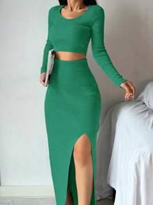 RueChic Solid Crop Jumper & Split Thigh Knit Skirt - Green - View 4