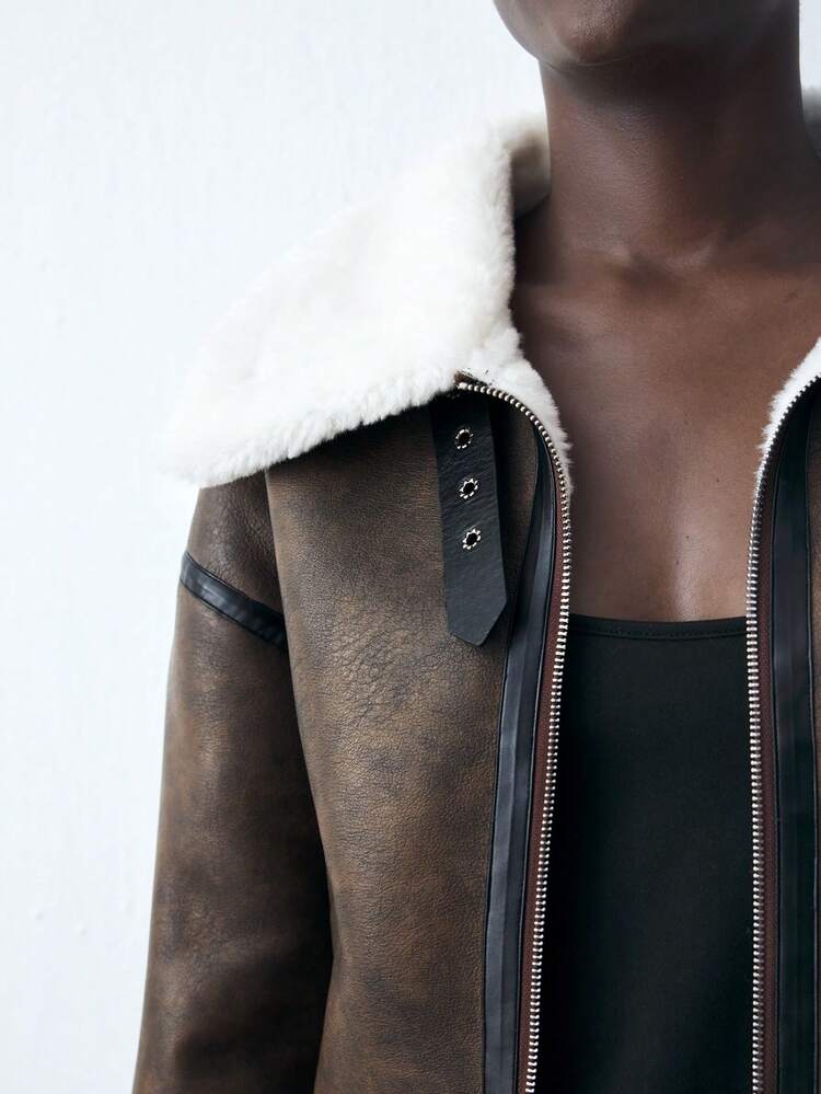 SHEIN Maija Giacca bomber casual con chiusura lampo frontale in pelle marrone e patchwork di pelliccia, semplice, da donna, per autunno/inverno