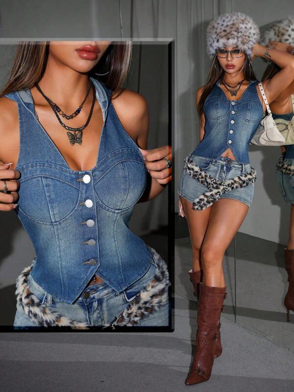 SHEIN ICON Women's Y2K Style Blue Denim Sexy Hooded Crop Top, Summer