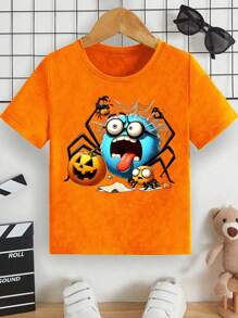 Baby Boy Cartoon Print Ronde Hals Korte Mouw Casual T-shirt, Zomer