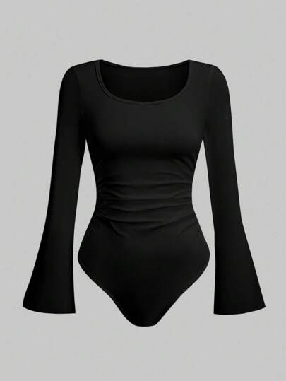 Sweetra Women's Solid Color Crew Neck Long Sleeve Bodysuit, Casual Daily Wear Fall Cloth For Women