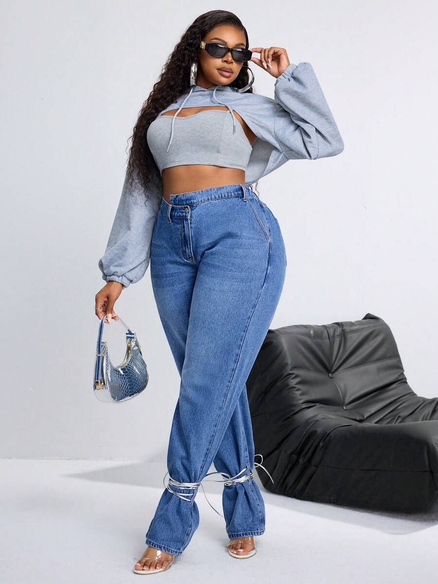SHEIN SXY Plus Size Women's Denim Casual Pants With Asymmetric Waistline And Tie-Hem Detail - Medium Wash - View 1