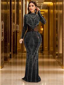 Fashion Women's Mesh & Rhinestone Embellished Fishtail Dress, Suitable For Party & Gathering - Black - View 1