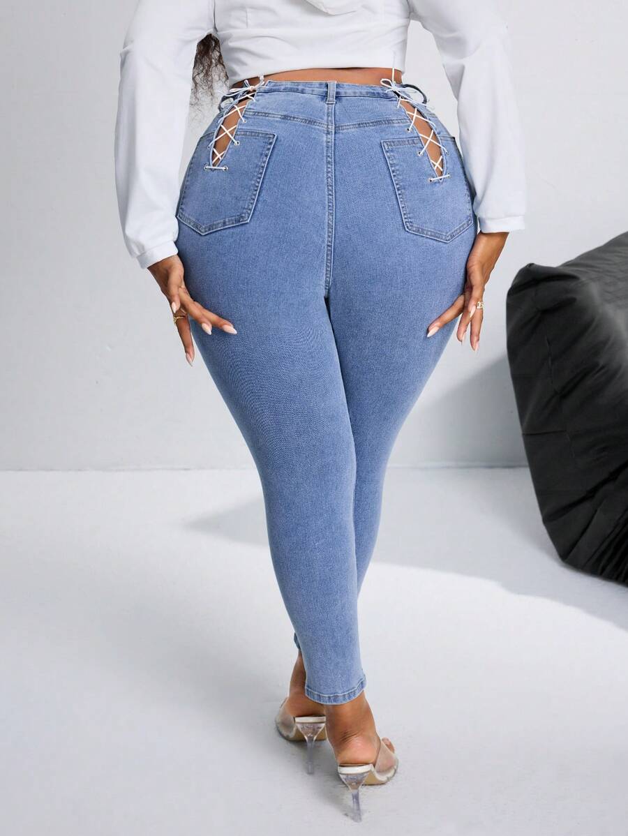 SHEIN SXY Elastischer Taillenbund Kordelzug Dekor eng anliegende Skinny Jeans in Große Größen