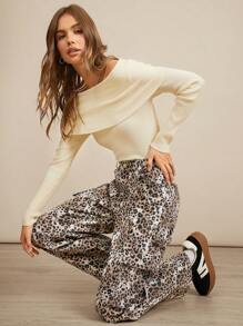 WESTFADE Pantalones de carga casuales de mezclilla de algodón 98% premium con estampado de leopardo