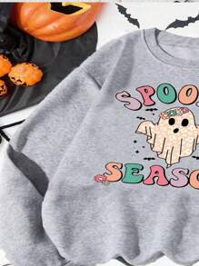 Tween Girl Halloween Printed Casual Crew Neck Sweatshirt - Grey - View 3