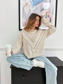 EURMUSE Women's Asymmetric And Pon Pon Knit Pattern Detailed Sweater - Brown - View 6