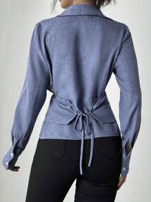 Chiquease Women's Asymmetric Hem Wrap Cinched Waist Shirt, Short Front Long Back Fall Cloth For Women - Medium Wash - View 2
