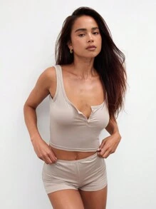 MUSERA ESSENTIALS 短款背心和短裤莫代尔套装，用于板网球、网球、匹克球健身房健身 - 灰色 - 查看 1