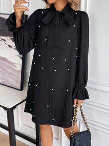 Opuloom Women Dresses Manik manik Mutiara Dasi Depan Plain Anggun - Hitam - View 4
