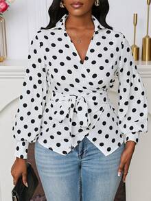 Chiquease เสื้อเชิ้ตแขนยาว ผ้าลายจุด คอวี สายไขว้ สำหรับผู้หญิง, ใส่ได้ในฤดูใบไม้ผลิและใบไม้ร่วง - สีดำและสีขาว - ดู 4