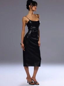 MUSERA 褶皱PU性感黑色连衣裙，优雅春夏度假派对礼服，时尚别致 - 黑色 - 查看 2