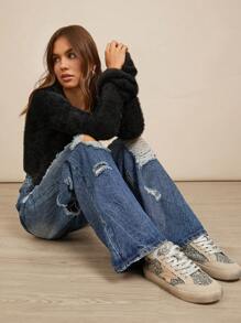 Premium 91% Cotton Denim Ripped High Rise Baggy Wide Leg Jeans - Dark Wash - View 6