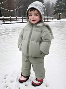 SHEIN 2pcs Baby Boy/Girl Warm Fleece Hooded Padded Coat + Overalls, Suitable For Autumn/Winter Outdoor, Skiing