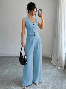 Elenzga 2 piezas Conjunto de traje informal con top blazer sin mangas y pantalones