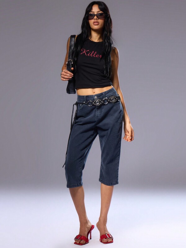 MUSERA 斜插口袋七分牛仔裤，90年代春夏可爱风