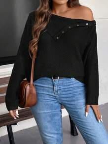 SHEIN LUNE Plus Size Women Black Sweater,Autumn Smart Casual Asymmetrical Shoulder Everyday Winter Versatile Two-Way Design Knitwear For Outings,Work,Shopping - Black - View 6