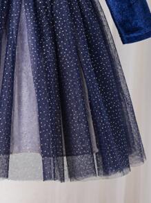 Young Girls Solid Color Patchwork Long Sleeve Ruffle Hem Dress - Royal Blue - View 4