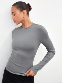 MUSERA ESSENTIALS Long Sleeve Snatched T-Shirt Vacation Spring Summer Fall - Dark Grey - View 2