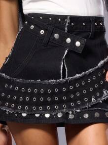 MUSERA Studded Eyelet Wrap Mini Denim Skirt, 90's Y2k Cute Sexy Festival Rave Ibiza Summer Midnight Mass Concert Vacation Streetwear Winter Chic Spring - Grey - View 5