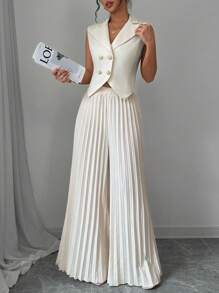 Selianne Solid Vest Blazer & Pleated Wide Leg Pants - Apricot - View 5