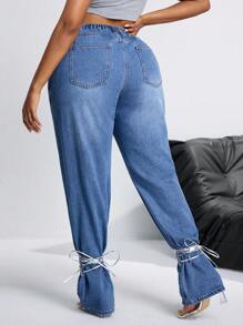 SHEIN SXY Plus Size Women's Denim Casual Pants With Asymmetric Waistline And Tie-Hem Detail - Medium Wash - View 4