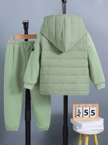 SHEIN 3 件装年轻男孩字母图案连帽加垫背心和羊毛运动衫和运动裤休闲套装，秋冬 - 綠色 - 查看 2