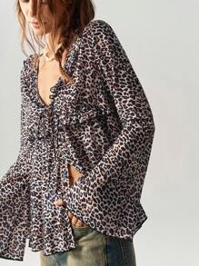 Bohemela 女士度假雪纺豹纹喇叭长袖 V 领不对称下摆衬衫 - 黑色 - 查看 5