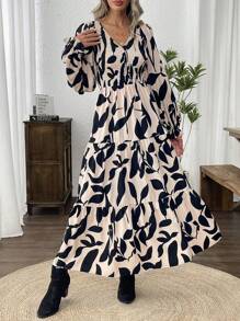 SHEIN LUNE Women's V-Neck Ruffle Sleeves Abstract Print Layered Dress, Dress With Sleeves,Long Fall Dress - Multicolor - View 1
