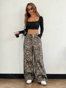 SHEIN EZwear Leopard Print Button Front Pocket Straight Leg Casual Cargo Pants - Beige - View 3