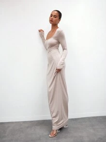 MUSERA ESSENTIALS Long Sleeve Modal Maxi Dress Elegant Spring Summer Vacation Party Bridal Bachelorette Hen Do Wedding - Khaki - View 2