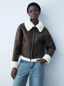 Maija 女士棕色皮革与毛皮拼接长袖前拉链休闲简约飞行员夹克，秋冬款