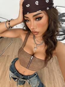 SHEIN EZwear 女士秋冬复古 & Y2K 扎染皮革棕色吊带背心短款文胸上衣 - 棕色 - 查看 1