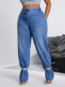 SHEIN SXY Plus Size Women's Denim Casual Pants With Asymmetric Waistline And Tie-Hem Detail - Medium Wash - View 6