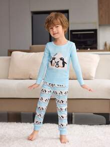 2 件装小男孩可爱企鹅家庭印花长袖 T 恤和裤子贴身睡衣套装 - 淺藍色 - 查看 1