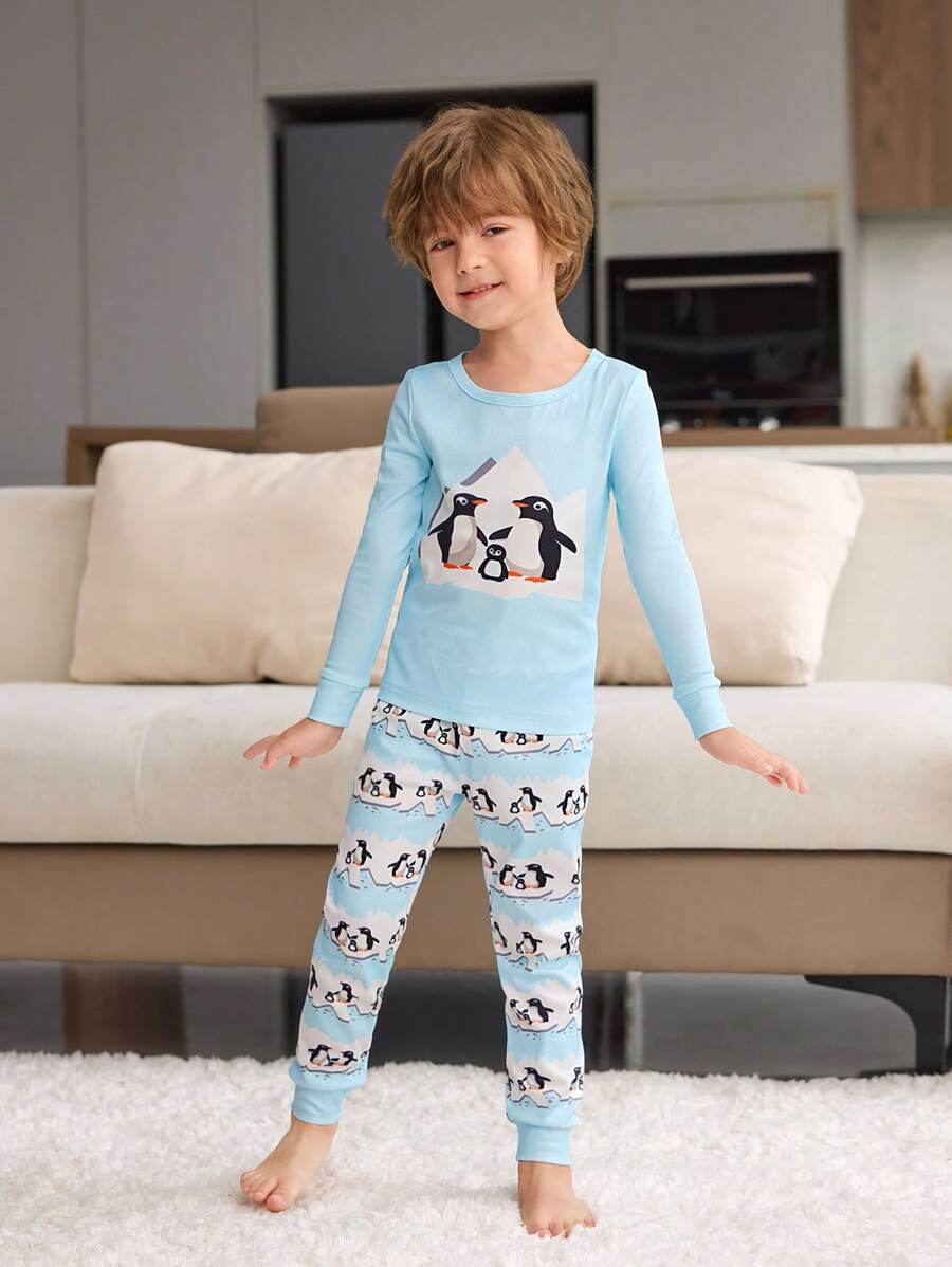2 件装小男孩可爱企鹅家庭印花长袖 T 恤和裤子贴身睡衣套装 - 淺藍色 - 查看 1