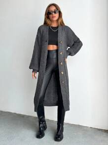 SHEIN PETITE Petite Cable Knit Drop Shoulder Cardigan - Dark Grey - View 3