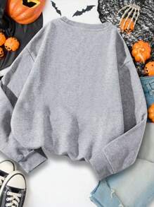 Tween Girl Halloween Printed Casual Crew Neck Sweatshirt - Grey - View 2