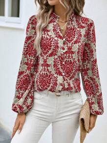 Breezaya Women Floral Print Lantern Sleeve V-Neck Elegant Blouse